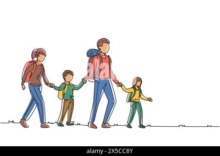 Simple une ligne dessinant une famille heureuse voyageant ensemble dans les montagnes. Père, mère et enfants randonnée, vacances et camping avec sac à dos à la nature. Illustration de Vecteur