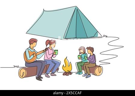 Une ligne continue dessinant un camping familial joyeux avec feu de joie la nuit. Boire du thé assis sur des bûches. Père jouant de la guitare et chantant la chanson avec chil Illustration de Vecteur