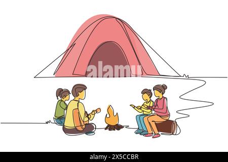 Une seule ligne dessinant la famille de camping réchauffe leurs corps autour de tentes de feu de camp. Papa jouant de la guitare, maman et les enfants assis sur le sol et les bûches, chantent la chanson Illustration de Vecteur