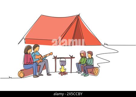 Ligne continue unique dessinant la famille heureuse autour de tente de feu de camp faire bouillir l'eau dans le pot et assis sur des bûches. Papa jouant de la guitare et chantant la chanson avec maman et Illustration de Vecteur