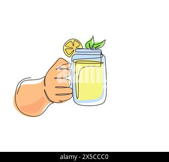 Les mains dessinant une ligne en continu tiennent une boisson rafraîchissante de limonade détox avec des tranches de citron vert, citron, menthe. Boisson de fruits saine d'été. Boisson saine au citron Illustration de Vecteur