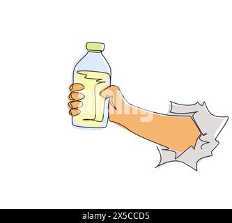 Main de dessin d'une ligne unique tenant le lait frais sur le verre de bouteille emballage de boisson saine à travers le papier blanc déchiré. Lait frais pour aliments diététiques. Illustration de Vecteur