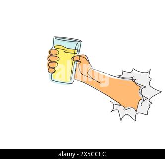Continu d'une ligne dessinant la main tenant le verre avec le jus de fruit de limonade à travers le papier blanc déchiré. Boisson faite de jus de citron frais. Eau orange juteuse Illustration de Vecteur