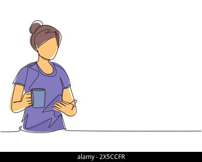 Ligne continue unique dessinant belle femme relaxant boire et montrant à la tasse de café chaud ou de thé. Jolie fille se sentant profiter de prendre le petit déjeuner dans Illustration de Vecteur