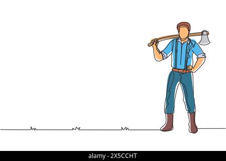 Pose de bûcheron unique d'une ligne sur la forêt forestière. Bûcheron avec hache et bûche baissée, debout portant chemise, jeans et bottes. Continu Illustration de Vecteur