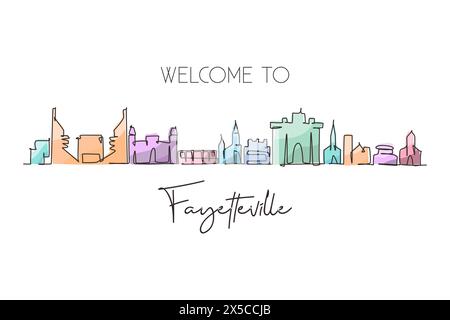 Simple dessin d'une ligne de Fayetteville skyline, Arkansas. Célèbre paysage de grattoir de ville. Concept d'impression d'affiche d'art de décoration murale de voyage du monde. Continuo Illustration de Vecteur