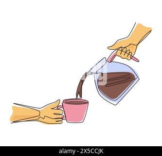 Continu une ligne dessinant l'homme verse le café noir chaud de la cafetière dans la tasse le matin. Préparer du café à la maison. Pot en acier inoxydable. M Illustration de Vecteur