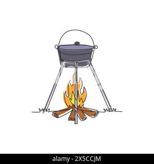 Une seule ligne dessinant le dîner de cuisine dans un pot de camping sur un feu de joie. Chaudron et feu de camp. Herbe extérieure, branche, pierres. pique-nique nature en plein air. Conti Illustration de Vecteur