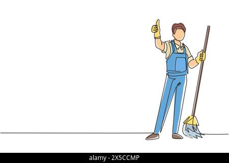 Une ligne continue dessinant un membre du personnel de l'entreprise de nettoyage masculin souriant tenant un balai et montrant un geste du pouce vers le haut. Bon nettoyage. Nettoyage du compan Illustration de Vecteur