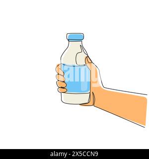 Main de dessin simple d'une ligne tenant le lait frais sur le verre de bouteille emballant le produit de boisson saine. Lait frais pour la nutrition des aliments sains. Continuo moderne Illustration de Vecteur