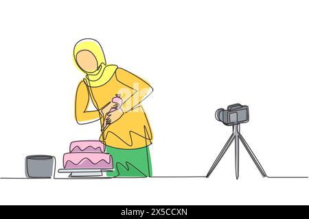 Ligne continue unique dessinant fille arabe cuisson, décoration gâteau à la cuisine. Femme blogueuse enregistrant la vidéo sur la caméra, en utilisant un trépied, en la postant sur SOCI Illustration de Vecteur