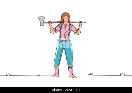 Simple ligne continue dessin jolie femme bûcheron en chemise à carreaux, Jean avec ceinture, bottes en cuir tenant sur son épaule une hache avec un long ha en bois Illustration de Vecteur