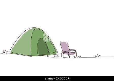 Tente de camping à dessin de ligne continue unique avec chaise. Paysage naturel pour voyageur d'aventure de voyage. Escalade, trekking, randonnée, sports, plein air recr Illustration de Vecteur