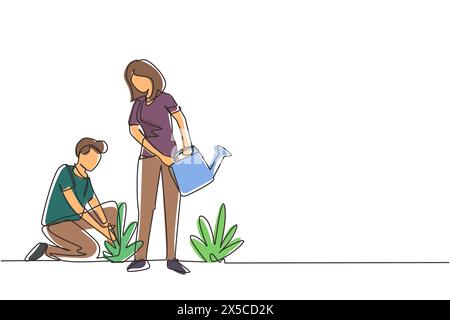 Continu une ligne dessinant homme femme plantes de jardinage. Les gens cultivent des plantes, les verts sur le sol, récoltent la récolte. Mari agenouillé, femme avec une canette d'eau Illustration de Vecteur