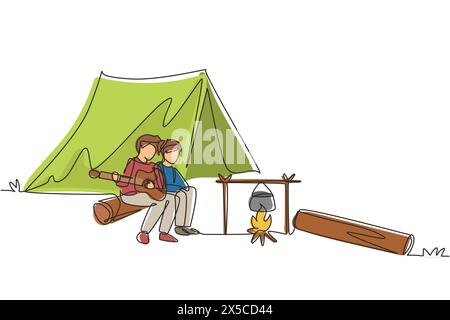 Simple une ligne dessinant couple randonneurs assis sur l'eau de cuisson en rondins dans le pot bouillant, homme jouant de la guitare au feu de joie près de tente de camp camping nature mountai Illustration de Vecteur