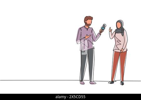 Une ligne continue dessinant les questions d'un journaliste de télévision masculin arabe interrogeant. Homme tenant une interview avec la femme, journaliste professionnel en conversation Illustration de Vecteur