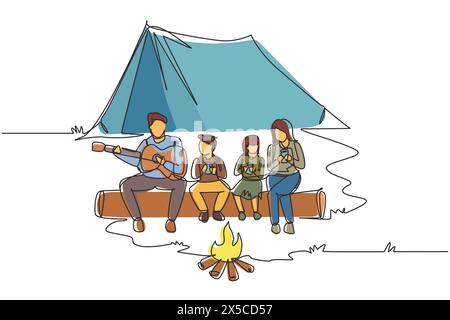 Camping familial de randonneur d'aventure en ligne continue unique avec feu de joie. Boire du thé chaud assis sur des bûches. Père jouant de la guitare et chantant la chanson avec Illustration de Vecteur