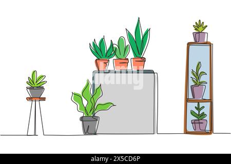 Simple une ligne dessinant le jardin à la maison, plantes succulentes, fleurs, plantes en pot. Design d'intérieur, table, rack, support pour plantes domestiques. Plants de décoratif Illustration de Vecteur