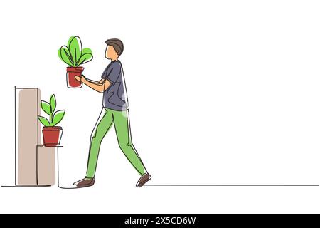 Une ligne continue dessinant le jardinage à domicile. Mâle prendre soin de planter la maison. L'homme met soigneusement la fleur dans le pot sur le rack. Hobby cultiver des plantes exotiques. Stand Illustration de Vecteur