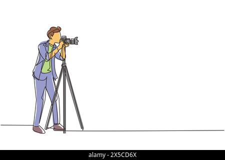 Photographe professionnel de dessin de ligne continue unique avec pose de caméra, mâle prendre des photos, paparazzi, profession de journaliste, photographie numérique Illustration de Vecteur