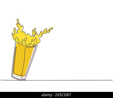 Une ligne continue dessinant le verre de jus renversé avec éclaboussures. Verre de jus d'orange frais éclaboussant. Arrosez le verre de jus d'orange rafraîchissant. Si Illustration de Vecteur