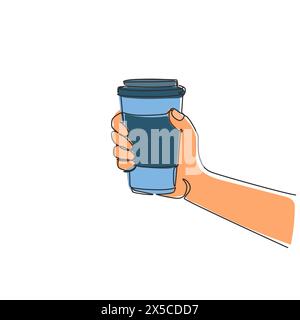 Une seule ligne dessinant les mains dans la vue de côté tiennent le papier pour aller emporter le café ou le thé tasses. Main tenant une tasse réutilisable de café chaud. Zéro déchet. Continue Illustration de Vecteur