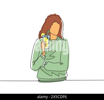 Ligne continue unique dessinant femme heureuse buvant l'été rafraîchissant fruit aromatisé eau infusée avec citron biologique frais, citron vert, menthe au verre. Un Illustration de Vecteur