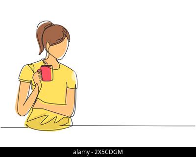 Ligne continue unique dessinant belle femme relaxant boire et regardant une tasse de café chaud ou de thé. Jolie fille se sentant profiter de prendre le petit déjeuner dans Illustration de Vecteur