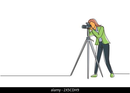 Concept de conception de paparazzi de femme de dessin de ligne continue simple avec photographe tirant l'apparence de stars d'affaires de spectacle ou d'autres célébrités avec t Illustration de Vecteur