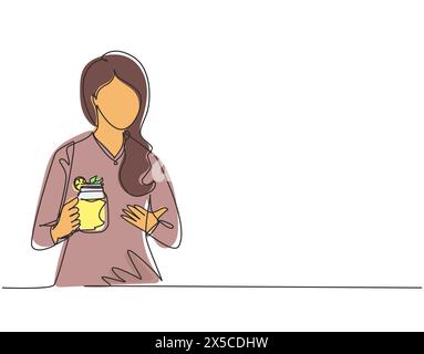 Continue d'une ligne dessinant Pretty Woman tient et montre mug de limonade avec de la glace à la main. Jeune fille portant une chemise prenant le petit déjeuner du matin avec orang Illustration de Vecteur