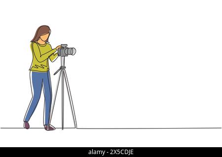 Photographe féminin de dessin continu d'une ligne prenant des photos à l'aide d'un ensemble d'équipement professionnel. Femme avec appareil photo faisant des photos. Studio photo Equipm Illustration de Vecteur