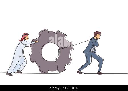 Ligne continue unique dessinant les hommes d'affaires arabes tirant de gros engins sur la corde. Le chef d'entreprise aide l'équipe à tirer la roue dentée, l'homme d'affaires à pousser l'équipement, le co Illustration de Vecteur