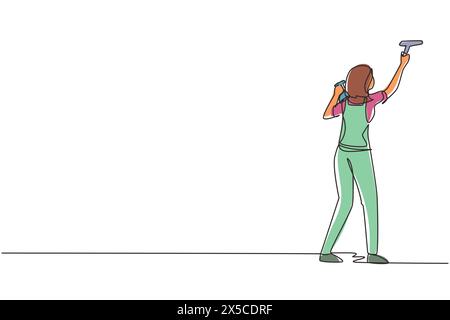 Une seule ligne continue dessinant femme concierges nettoyant les vitres avec des outils de nettoyage. Employé professionnel du processus de travail de l'entreprise de nettoyage Illustration de Vecteur