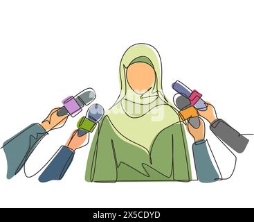 Continue d'une ligne dessinant femme arabe donnant interview. Les mains des journalistes tiennent des microphones. Concept de nouvelles, élections, interviews, commentaires, pol Illustration de Vecteur