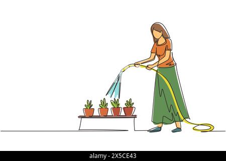 Une ligne continue dessinant jeune femme arrosant des plantes en pot avec un tuyau. Jardinage, serre, jardin botanique, culture de fleurs, pépinière de plantes conc Illustration de Vecteur