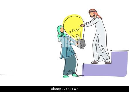 Simple une ligne dessinant femme arabe aidant l'homme à soulever l'ampoule dans les escaliers. Idée d'entreprise, travail d'équipe, réalisation d'objectifs, solution, succès, winne Illustration de Vecteur