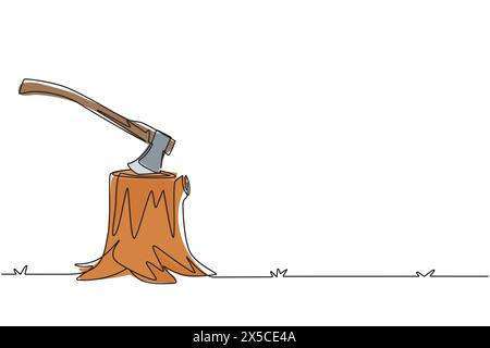 Ligne continue unique dessin Hatchet dans une souche d'arbre. Une souche d'arbre avec une hache coincée. Forêt, concept de camping. Hache coincée au moignon. Dynamic One Li Illustration de Vecteur