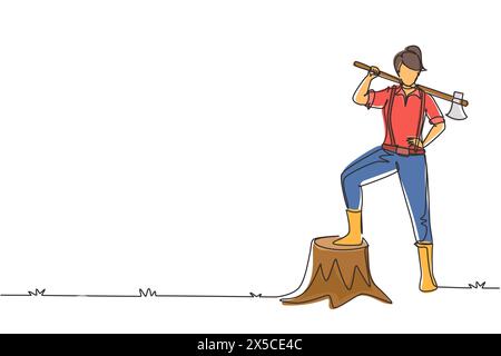 Simple dessin d'une ligne jolie femme bûcheron portant chemise, jeans, bottes. Tenant sur son épaule une hache posant avec un pied sur une souche d'arbre. Contin Illustration de Vecteur