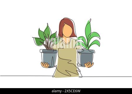 Continu une ligne dessinant jeune femme tenant différentes plantes d'intérieur dans des pots. Personnage féminin prenant soin des plantes d'intérieur. Plantes en pot dans la maison Illustration de Vecteur