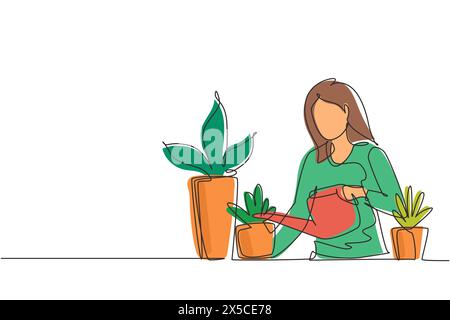 Simple une ligne dessinant femme arrosant des plantes d'intérieur à la maison. Concept de jardin et de plantes d'intérieur. Fille prenant soin des plantes d'intérieur poussant dans les jardinières. Illustration de Vecteur