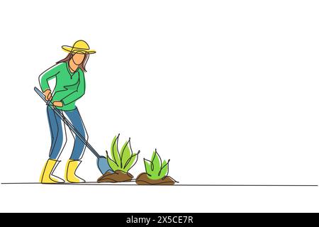 Une seule femme dessinant une ligne continue creuse le sol avec une pelle. Planter, cultiver des légumes. Le soin du jardin. Agriculture, agriculture. Dynamique Illustration de Vecteur