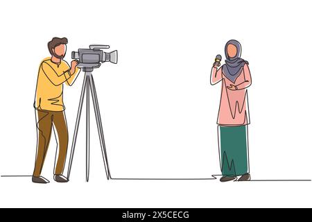 Une seule ligne continue dessinant une journaliste arabe. Journalistes à rapporter. Deux journalistes arabes. Équipe de femme journaliste journaliste homme opérateur Broa Illustration de Vecteur