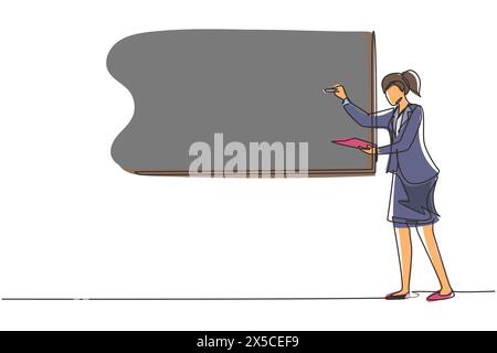 Simple une ligne dessinant une enseignante de femme d'affaires debout devant le tableau blanc, tenant le livre et écrivant la stratégie et les tactiques de plan d'affaires Theor Illustration de Vecteur