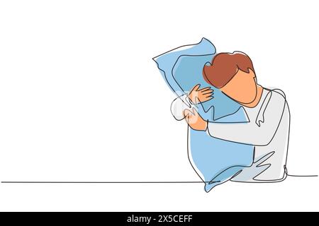Ligne continue unique dessinant mâle dormant tout en serrant l'oreiller. Activités des personnes. Doux rêve ou concept de sommeil. L'homme a pris un somnifère pour inso Illustration de Vecteur