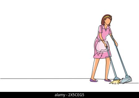 Ligne continue dessinant une travailleuse de ménage avec balai, pelle à poussière. Femme concierge, plancher balayant avec balai, tenant la pelle à poussière, clea professionnel Illustration de Vecteur