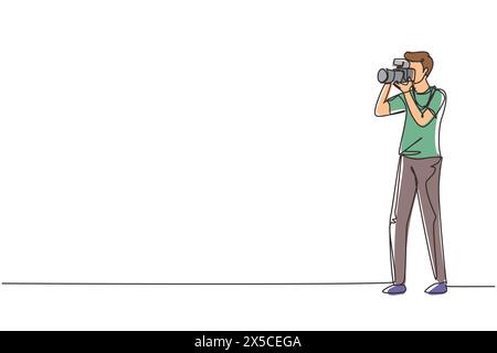 Simple dessin d'une ligne photographe professionnel heureux prenant des photos à l'aide d'un appareil photo reflex numérique. Jeune personnage masculin tirant à l'aide d'un appareil photo à objectif. Contin moderne Illustration de Vecteur