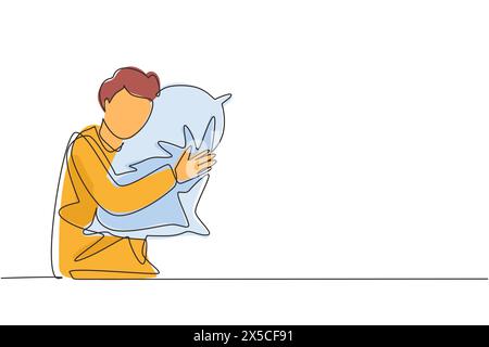 Une ligne continue dessinant homme dormant et serrant oreiller. Position de sommeil latéral sans lit, jeune gars couché sur le côté appuyé sur un coussin. Chantez Illustration de Vecteur