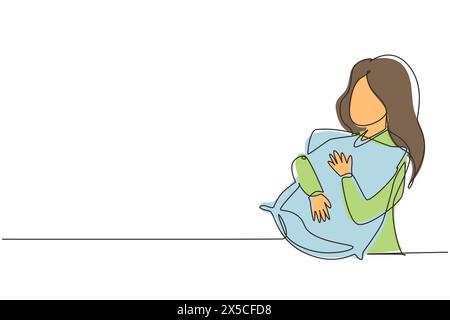 Oreiller unique d'une ligne dessinant jeune femme câlins. Fille fatiguée embrassant l'oreiller. Femme en pyjama embrassant l'oreiller. Doux rêve ou concept de sommeil. Continu Illustration de Vecteur