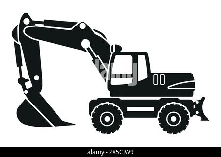 Silhouettes d'excavatrice sur roues de dessin animé. Machinerie lourde pour la construction et l'exploitation minière Illustration de Vecteur