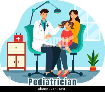 Pédiatre illustration vectorielle avec examine les enfants malades pour le développement médical, la vaccination et le traitement dans la conception de fond de dessin animé plat Illustration de Vecteur